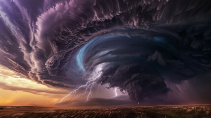 Dramatic supercell storm with lightning strikes in the evening sky