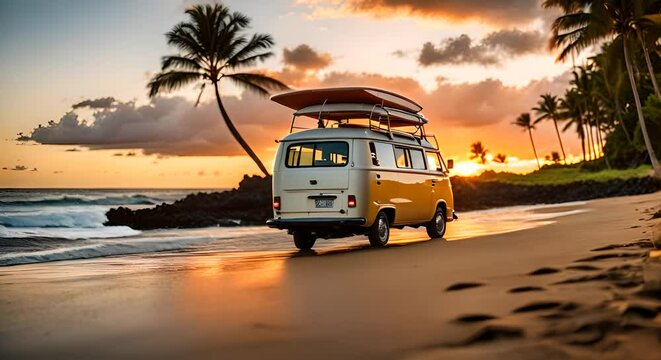 Camper Van with a surfboard.