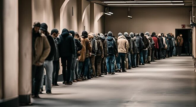Homeless queue in a homeless shelter.