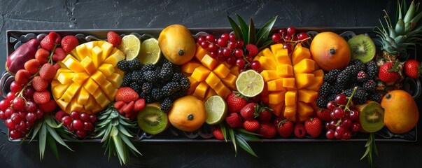 Tropical fruit platter with pineapples, mangoes, and berries