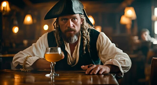 Pirate drinking rum in the tavern.