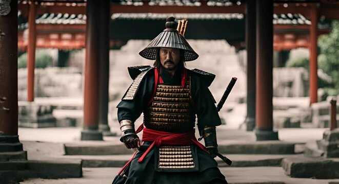 Japanese samurai in a Japanese temple.