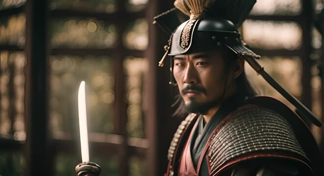 Japanese samurai in a Japanese temple.
