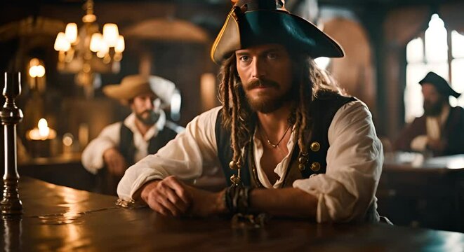Pirate drinking rum in the tavern.