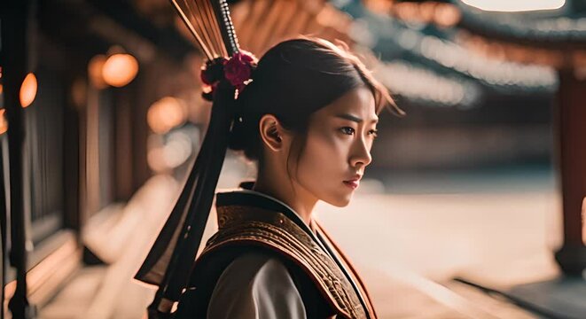 Japanese Samurai woman in a Japanese temple.