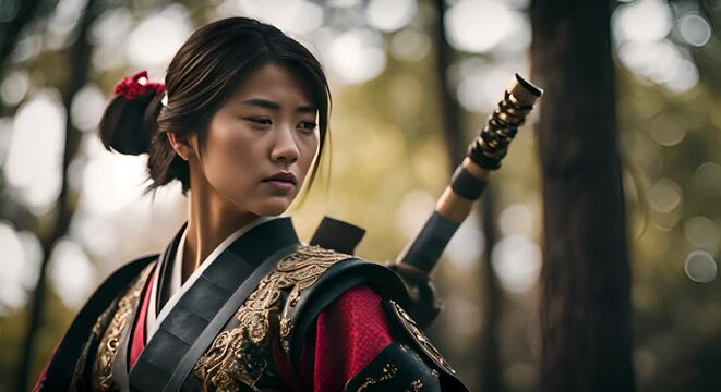 Japanese Samurai woman in a Japanese temple.