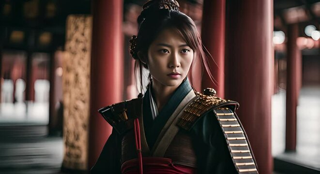Japanese Samurai woman in a Japanese temple.