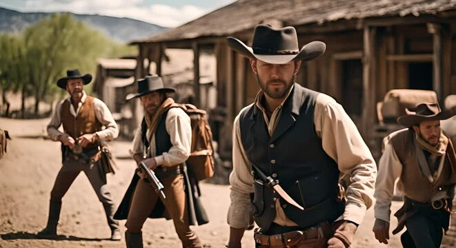 Cowboy duel in a Wild West town.
