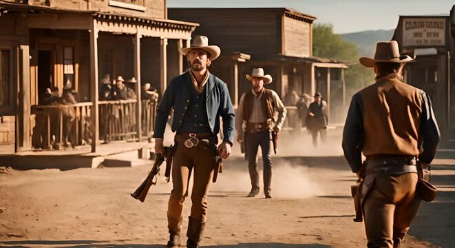 Cowboy duel in a Wild West town.