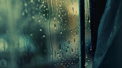Rain-speckled window, close-up, droplets on glass, overcast light, sharp details, macro shot, serene rainy ambiance. 