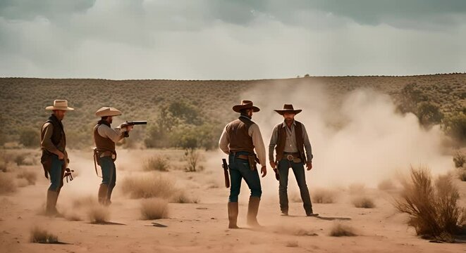 Cowboy duel in a Wild West town.