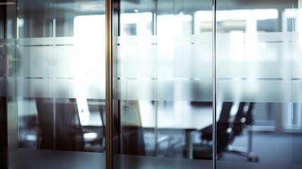 Close-up of a conference room window, frosted glass panels, soft light, detailed texture, high resolution, business setting.