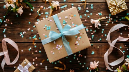 Personalized Gift Box with Custom Message Surrounded by Small Gifts and Confetti on Wooden Table