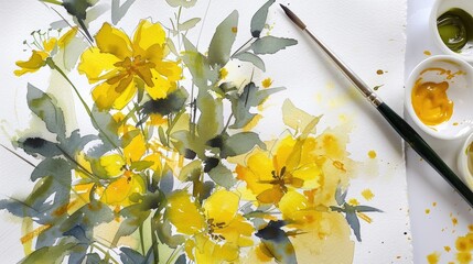 Fototapeta premium Watercolor painting of yellow flowers on white paper