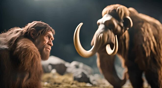 Neanderthal man next to a mammoth.