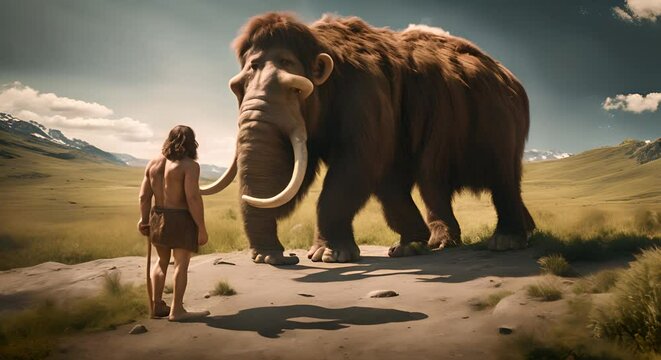 Neanderthal man next to a mammoth.