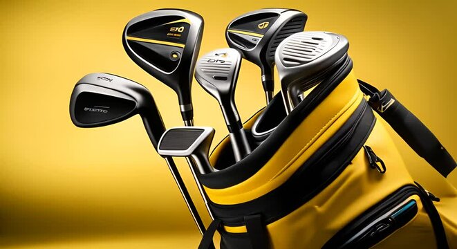 Golf bag with golf clubs on yellow background.
