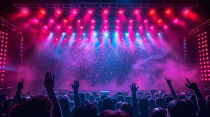 A crowd of people at a concert with their arms raised in the air, bathed in pink and blue stage lights