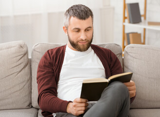 Bearded man is seated comfortably on a couch, engrossed in a book he is reading. The room is quiet...