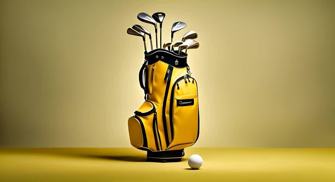 Golf bag with golf clubs on yellow background.
