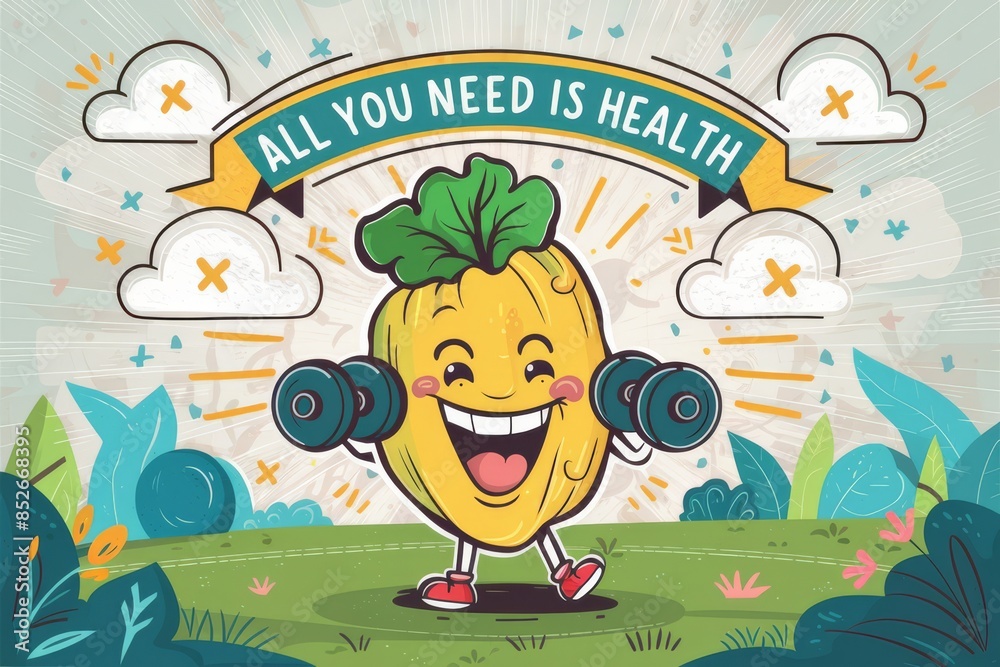 Poster a cartoon character with a smile and dumbbells in his hand, ai