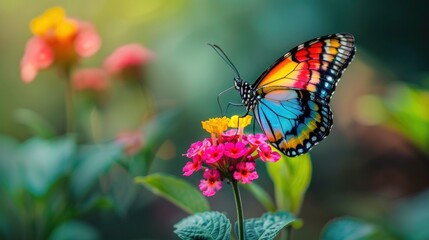 Obraz premium A Vibrant Butterfly Perched on a Colorful Flower in a Serene, Sunlit Garden with Lush Greenery, Capturing the Beauty of Nature and Wildlife