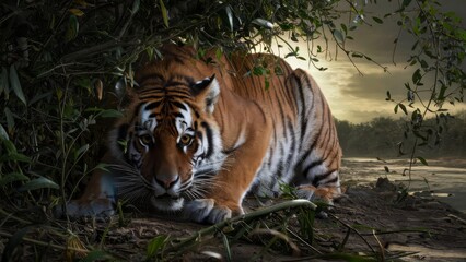 Fototapeta premium A tiger is lying down in the shade of a tree, AI