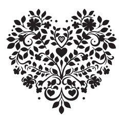 Romantic flower heart design, black vector illustration on white background