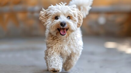 A small, white and tan dog with fluffy fur is running towards the camera on a gray surface. The background is blurry