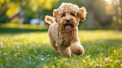 A golden poodle runs through a grassy park, looking directly at the camera with a happy expression. The sun shines brightly in the background