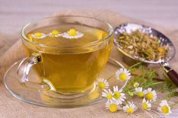 Chamomile tea in a transparent cup.Close-up.
