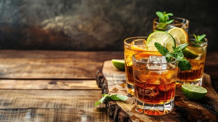 Refreshing iced cocktails with lime and mint on rustic wooden table