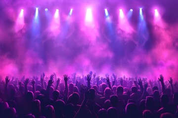 Obraz premium A large crowd of people with their arms raised at a concert venue. Pink and blue lights illuminate the stage and audience