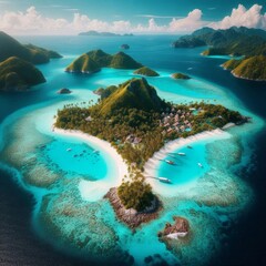 A beautiful island with a blue ocean and green trees