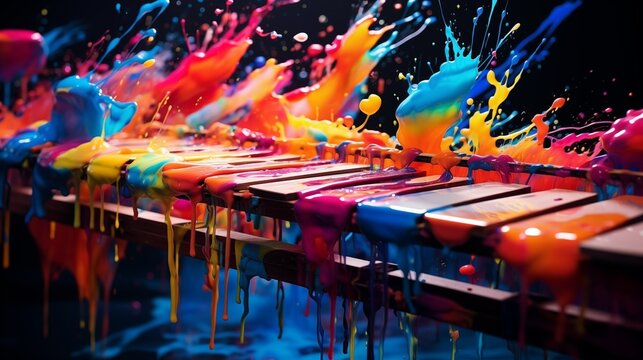 Abstract illustration of a marimba in an explosion of colorful paint on a black background