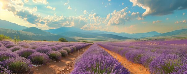 Blooming lavender fields under a sunny sky