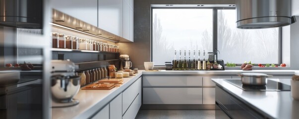 Sleek kitchen with a blank spice label.