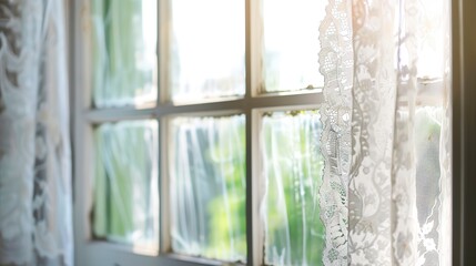 Open casement window, close-up, lace curtains fluttering, soft morning light, high resolution, welcoming breeze. 