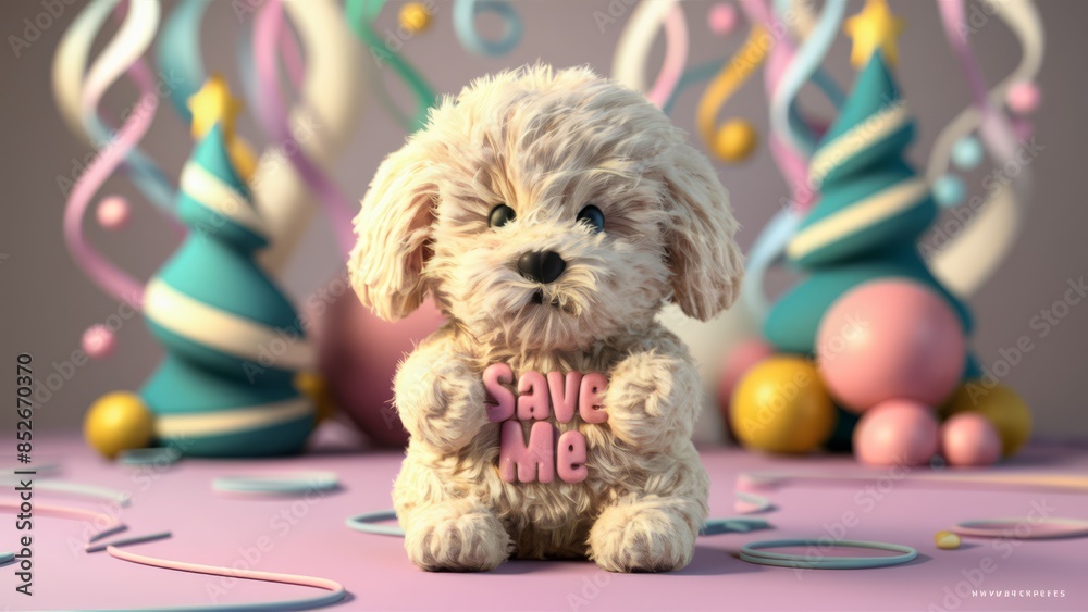 Poster A stuffed dog with a message on it's back that says save me, AI