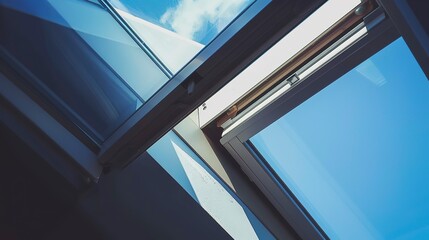 Obraz premium Close-up of an open skylight, clear blue sky visible, soft breeze, natural light, sharp details, macro focus, refreshing atmosphere. 