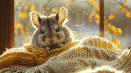 A small gray chinchilla sits comfortably on a yellow and white knitted blanket near a window, sunlight streaming through the glass