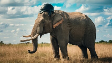 Fototapeta premium An elephant with a helmet on its head in the grass, AI