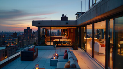 Fototapeta premium A rooftop patio in a modern home with a retractable roof system offering cityscape views and adaptable weather protection.