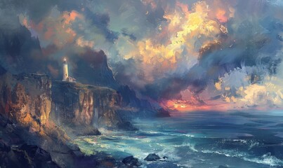 Naklejka premium Coastal cliffs with a lighthouse