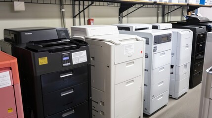 Printer repair workshop interior. Copy space. Concept of professional printer maintenance Technical assistance in office. Printer problems