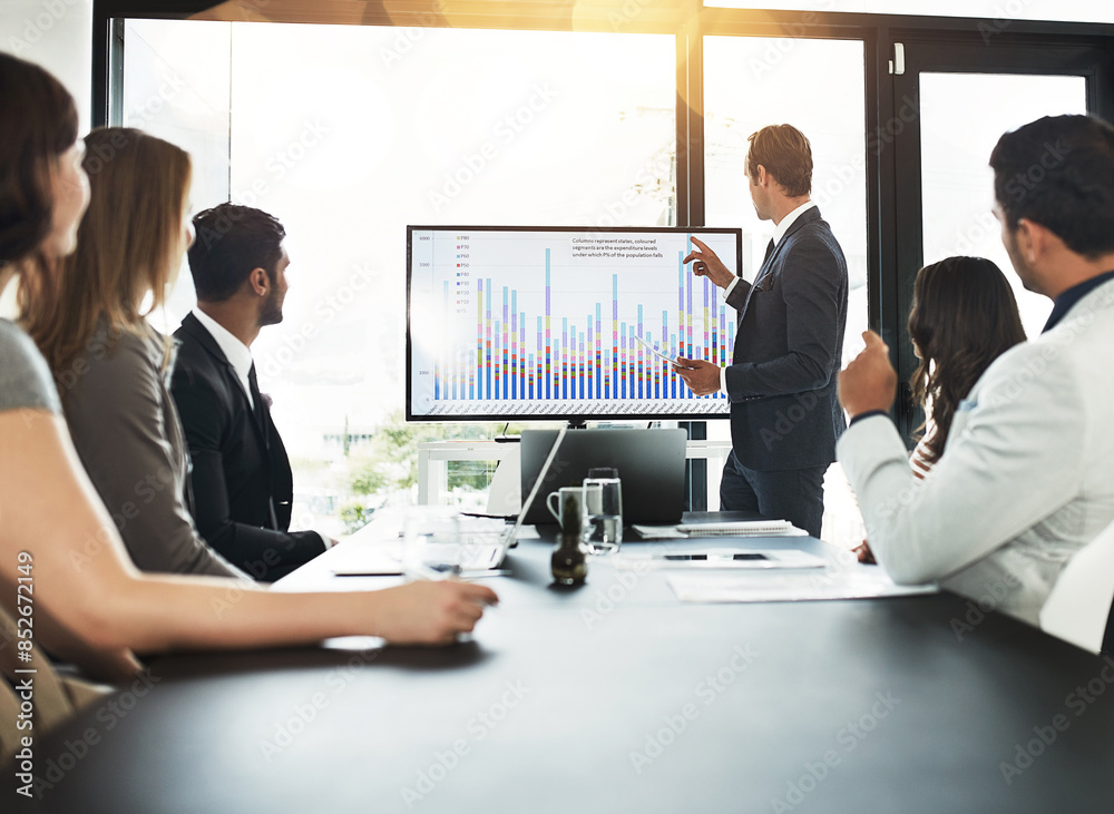 Poster businessman, meeting and communication with data on screen for sale metrics review, insights and pla