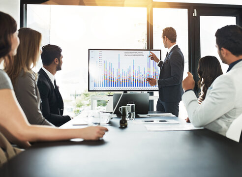 Businessman, meeting and communication with data on screen for sale metrics review, insights and planning. Talking, people and finance or trading analytics for asset performance and profit management