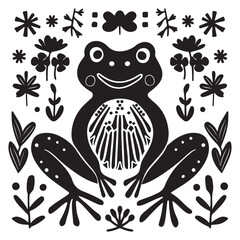 Frog and nature elements icons set, black vector illustration on white background