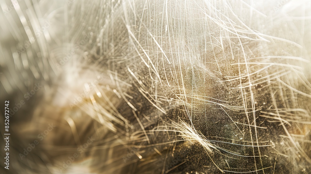 Sticker Scratches on a window pane, close-up, soft light, detailed texture, macro shot, signs of playful pets. 