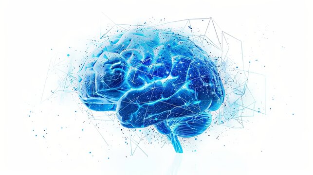 A conceptual digital blue human brain with connecting lines and particles on a white background